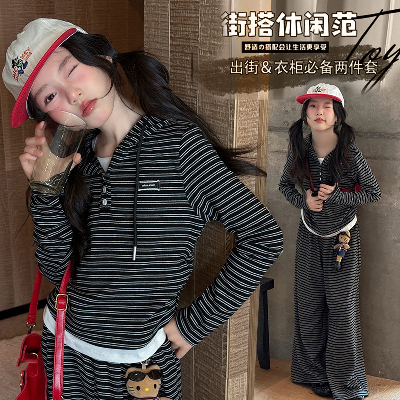 女大童春秋连帽条纹卫衣阔腿裤