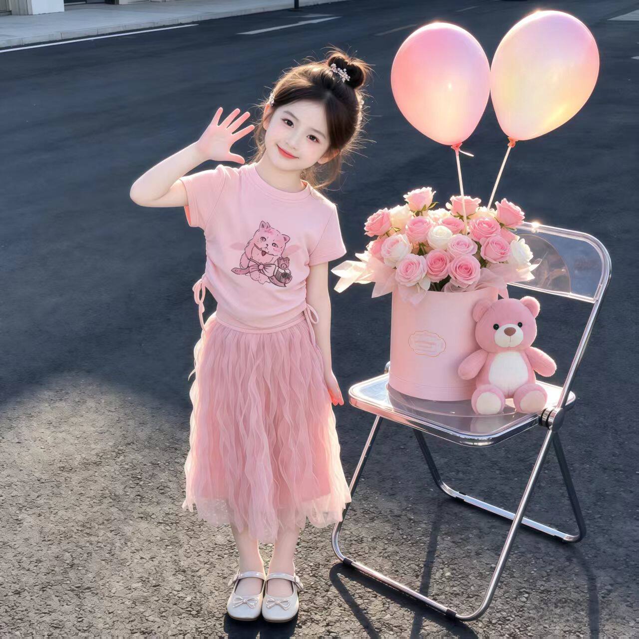 萌萌哒~小猫印花T恤半身裙套装
