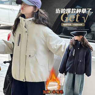 女童棉服加绒加厚外套中大童冬装超好看兔毛派克服儿童装保暖棉衣