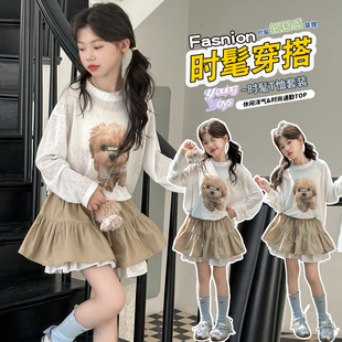韩系女童小狗雪花棉T恤套装2026夏季新款蛋糕裙子休闲儿童两件套