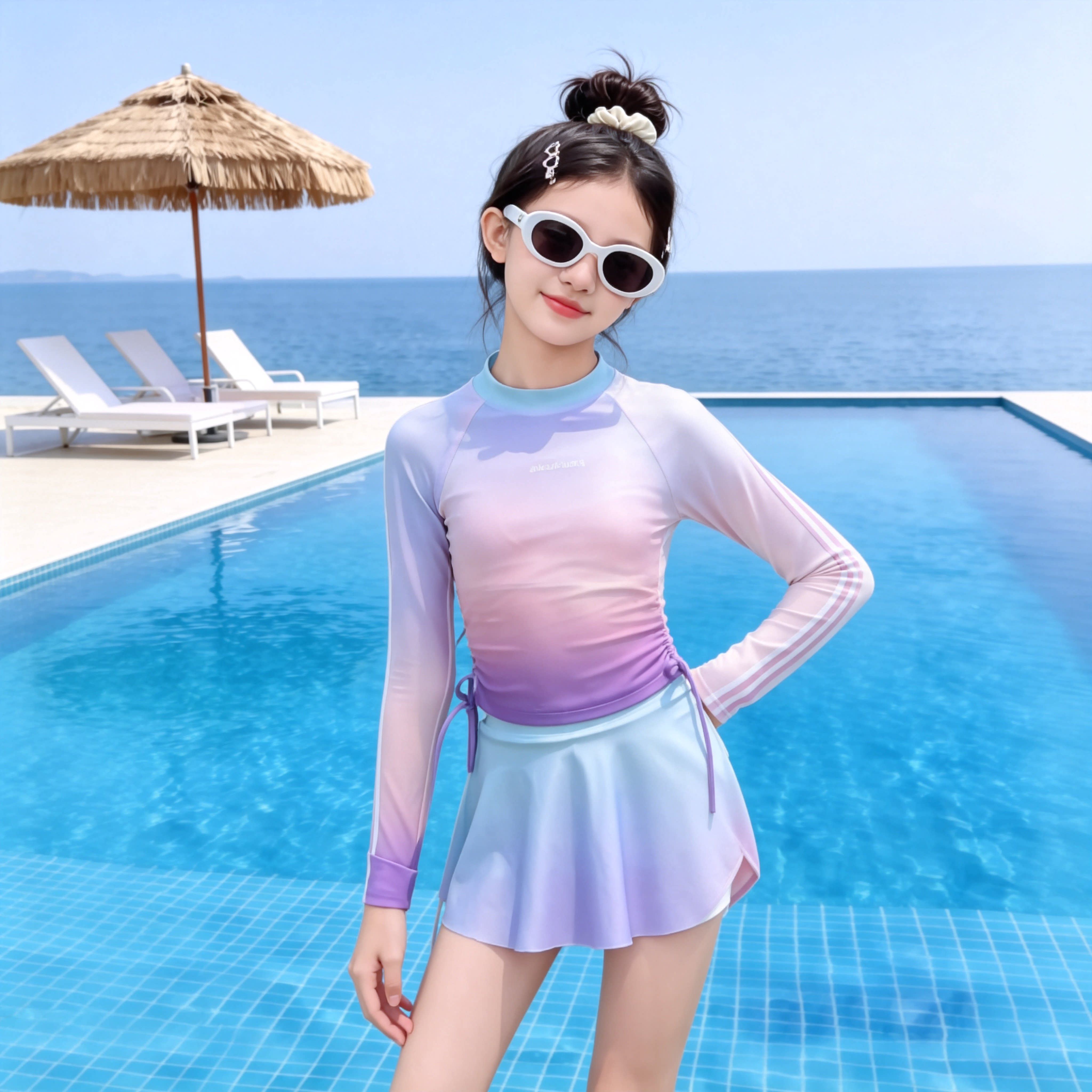女童美人鱼长袖防晒分体泳衣