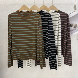 百搭高腰显瘦条纹长袖 60支18针时尚 T恤女上衣5123 新款 2025秋季