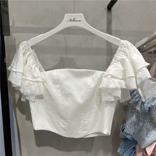 显瘦上衣 辣妹性感短款 abg荷叶边短袖 方领衬衫 女2023年春夏新修身