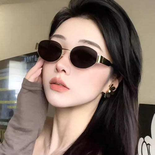 太阳镜女金属框椭圆猫眼墨镜