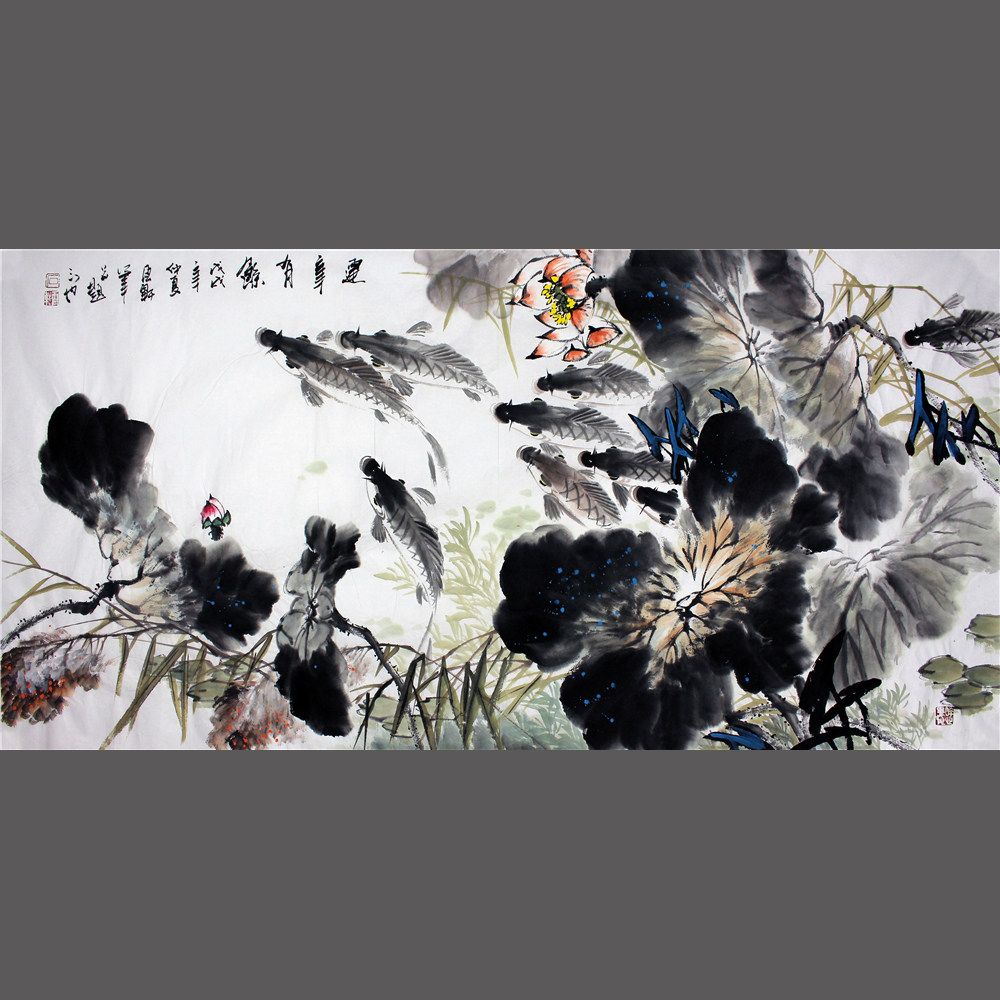 荷花风水九鱼图石云轩纯手绘国画四尺横幅茶室客厅办公室挂装饰画