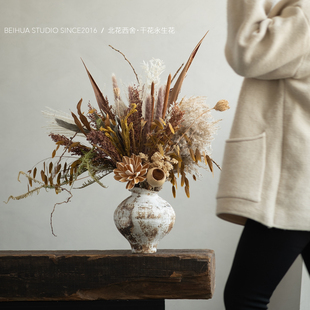 侘寂风野趣花束天然永生花复古粗陶搭配客厅玄关桌面禅意装 饰摆件