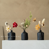 新中式 花束套餐样板间民宿桌面茶几摆件 诧寂黑木花瓶明清古典风格