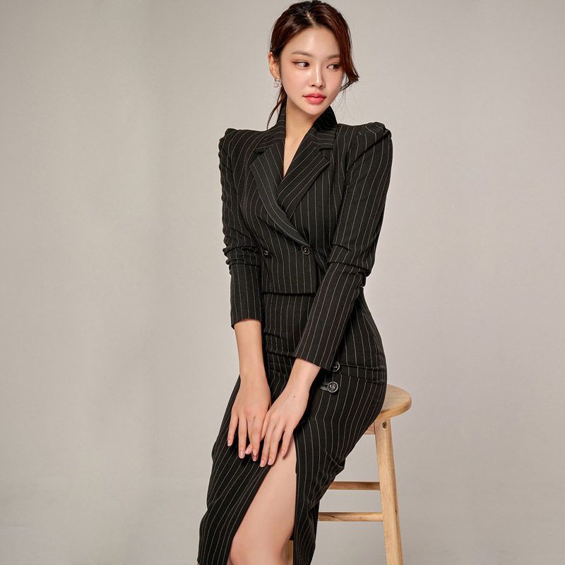 外贸女装2023秋季韩版修身气质西装小外套时尚职业包臀裙条纹套装