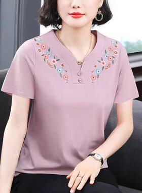 中年妈妈装鸡心v领t恤女夏短袖