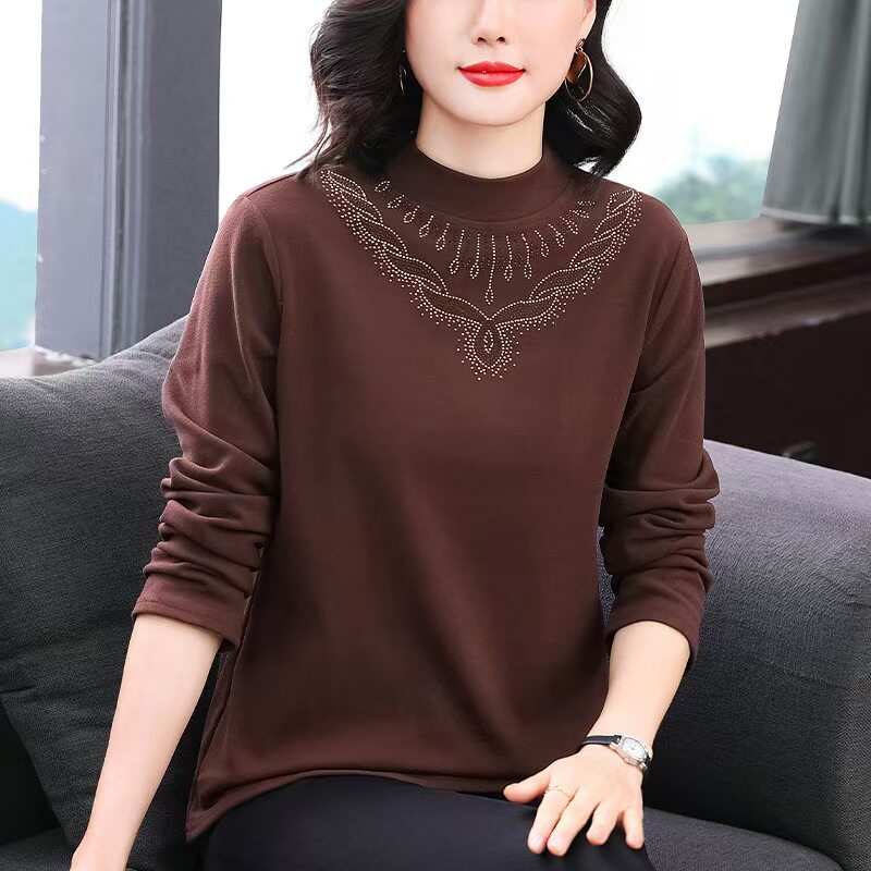 2025年新款烫钻打底衫圆领长中老年女装