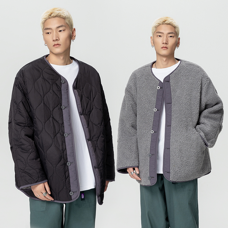 高定平替绗缝双面穿羊羔毛加厚棉服外套男女同款冬季保暖棉衣潮牌