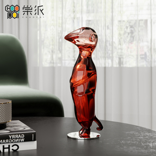 水濑装 轻奢风高级感抽象软装 饰摆设客厅艺术透明水晶渐变红色摆件