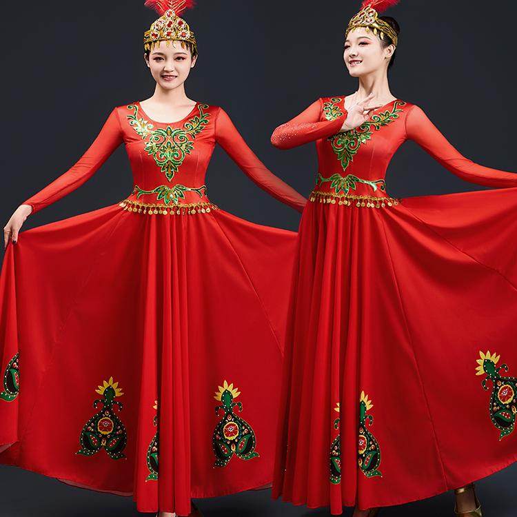 新疆舞蹈服装演出服女民族风2025新款维吾尔族舞连衣裙大摆裙