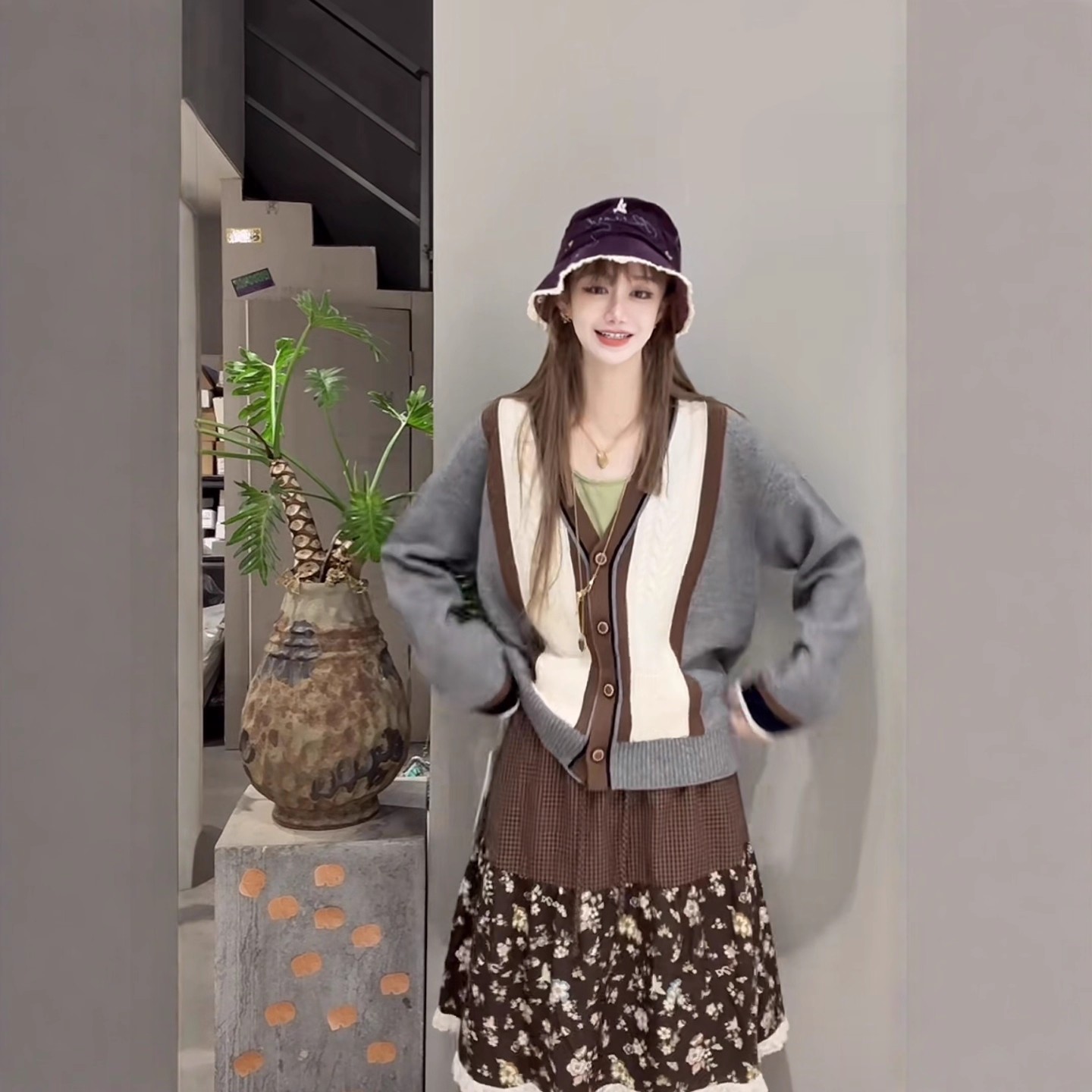 设计师品牌JR拼色开衫毛衣2025秋冬新品V领单排扣长袖针织开衫女