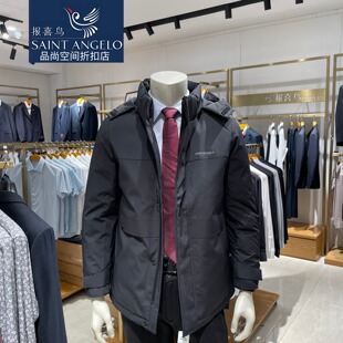 报喜鸟男羽绒服冬季新款时尚潮流带帽可拆经典中长款黑色保暖