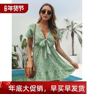 floral neck short sleeved 连衣裙女 Leisure dressV领碎花短袖