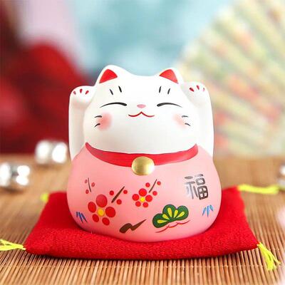 3 Inch Ceramic Lucky Cat Figurine Maneki Neko Hand-Painting
