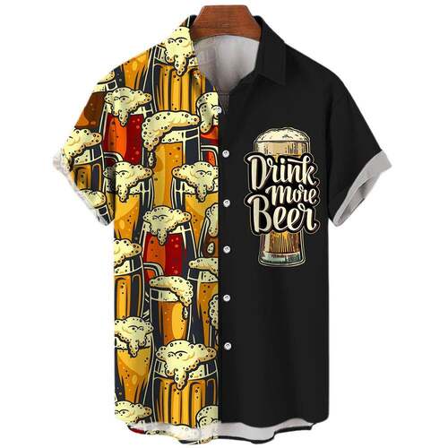 3D beer lapel loose short-sleeved shirt 3D啤酒翻领宽松衬衫