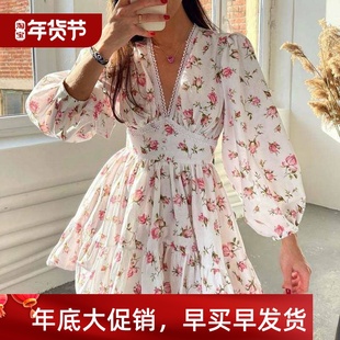 Print Neck Lace Dress Temperament Short Sweet