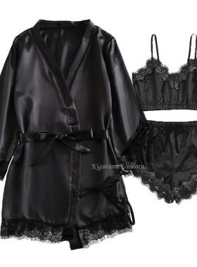 3PC Women Sexy Lingerie Sleepwear Lace Satin Sleepwear Linge