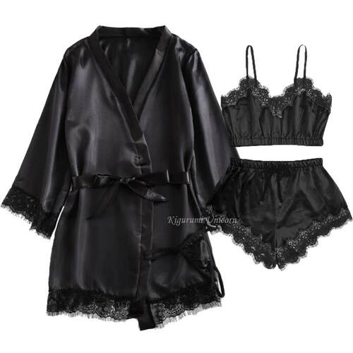 3PC Women Sexy Lingerie Sleepwear Lace Satin Sleepwear Linge