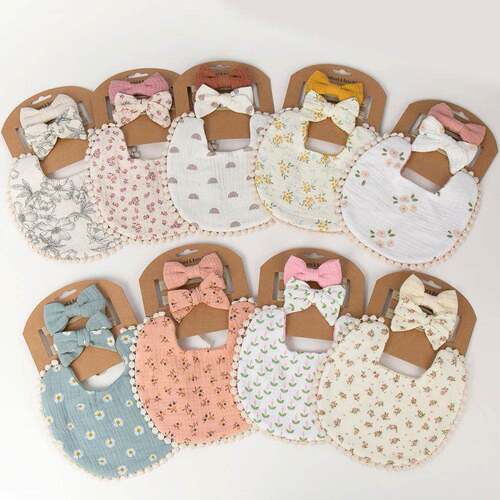3Pcs/Set Baby Flower Bibs & Headbands Bow Nylon Hairband