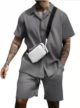 Men's casual button up polo shirt short sleeved shorts set