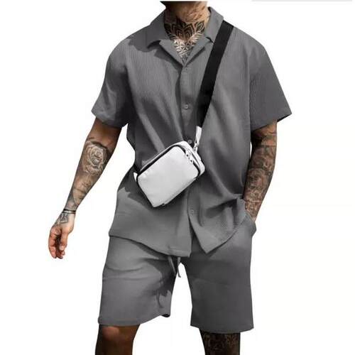 Men's casual button up polo shirt short sleeved shorts set