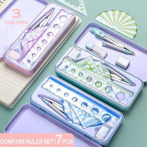 7Pcs/Set Ruler Compass with Metal box Geometry Maths Drawing