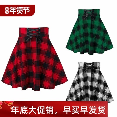 Fashion plaid lace up half pleated skirt格子系带半身百褶裙女