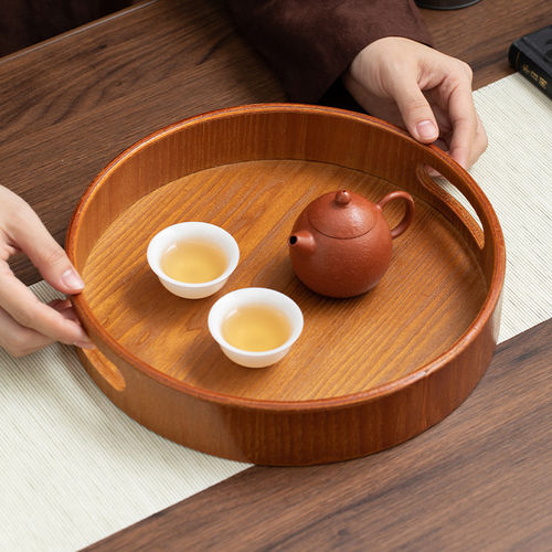 竹制咖色干泡茶台整理收纳托盘圆形家用禅意功夫茶具日式简约茶盘