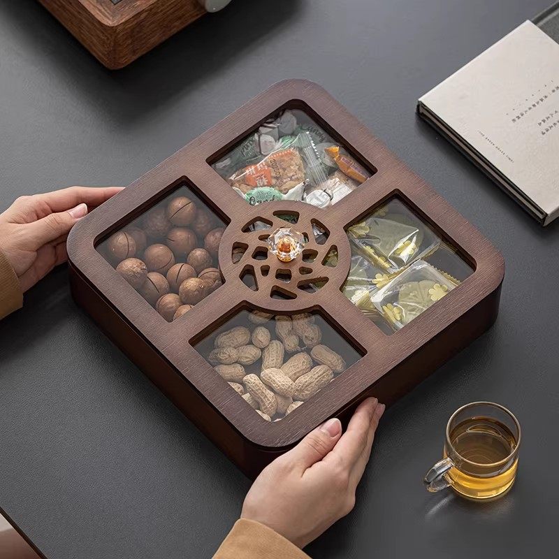 窗花分格果盘简约透明中式复古风分格盘高雅零食多功能高档收纳盒