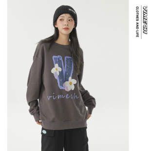 VIMECH春季男女卫衣紫logo小花姐们韩版学院风情侣装休闲运动上衣