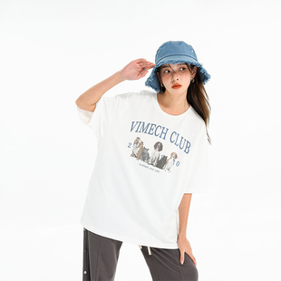复古动物小猫狗印花短袖 vimech夏季 美式 24SS男女同款 T恤宽松 新款