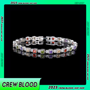 CREW美式方形彩色锆石镶嵌拼接网球手链男街头小众复古情侣