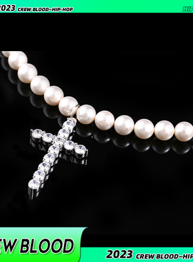CREW十字架珍珠项链拼接简约欧美嘻哈说唱锆石锁骨链镶钻男女高街
