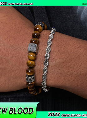 CREW欧美复古黄色虎眼石叠戴麻花手链男小众时尚编织百搭手串