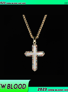 CREW欧美彩色锆石十字架贝母吊坠项链男女嘻哈个性送男友礼物