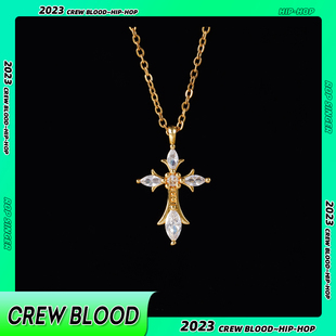 CREW欧美满钻十字架项链竹节链长款 配饰 钛钢锆石镶嵌轻奢小众时尚