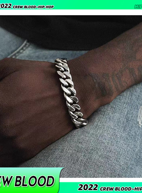 CREW欧美嘻哈立体切割古巴手链男钛钢 古巴链刻字不掉色高级感