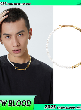 CREW欧美珍珠拼接古巴链钛钢金色毛衣链美式个性锁骨链高级小众