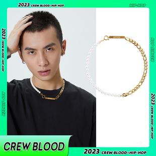 CREW欧美珍珠拼接古巴链钛钢金色毛衣链美式 锁骨链高级小众 个性