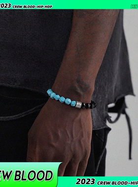 CREW欧美黑曜石绿松石拼接手链嘻哈男高级感小众弹力绳复古时尚