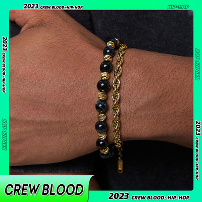 CREW欧美蓝虎眼石珠串金色叠戴麻花手链男小众时尚潮流嘻哈送男友
