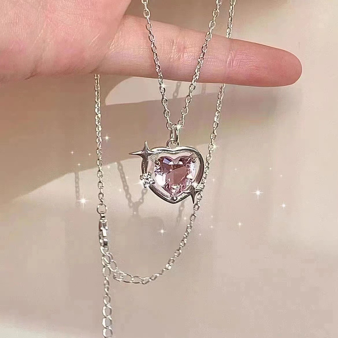 桃色星系爱心项链女轻奢小众高级感镶嵌锆石芭比锁骨链小红书同款