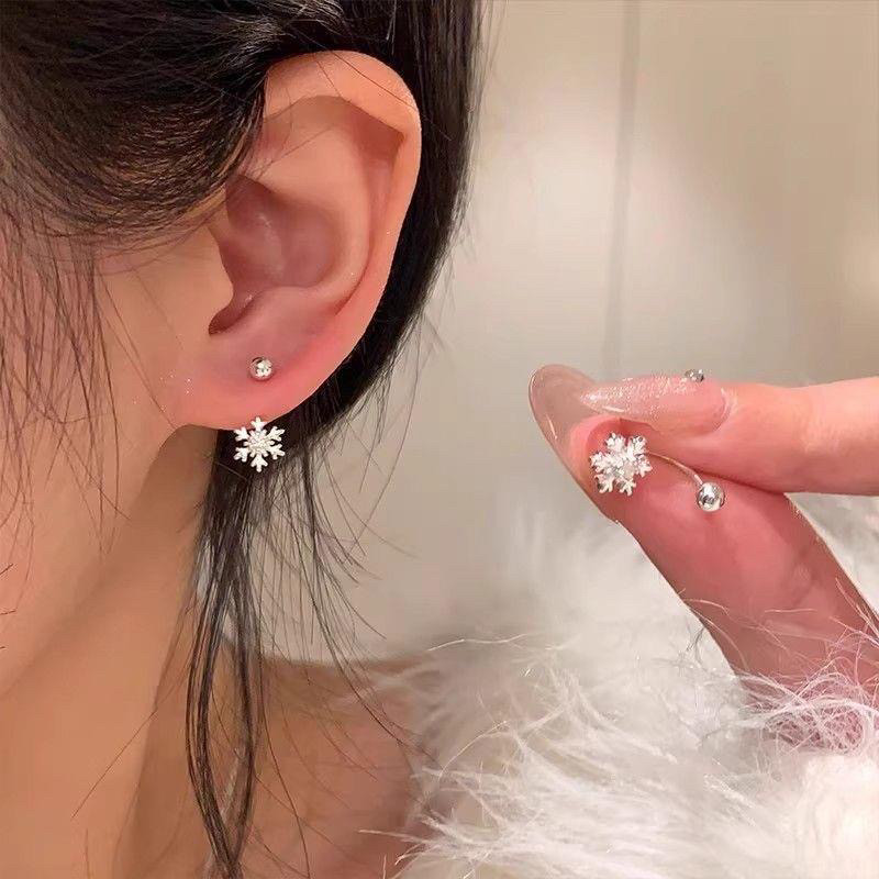 S925银针小巧迷你雪花耳钉U型拧螺丝秋冬新款耳蜗钉精致睡觉免摘