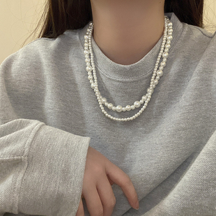 双层叠戴大小珍珠项链女时尚款2022年新款春夏锁骨链ins嘻哈配饰