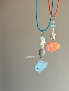 原创!我是一只鱼天然海蓝宝猫眼石项链蓝色小鱼树脂小丑鱼项圈
