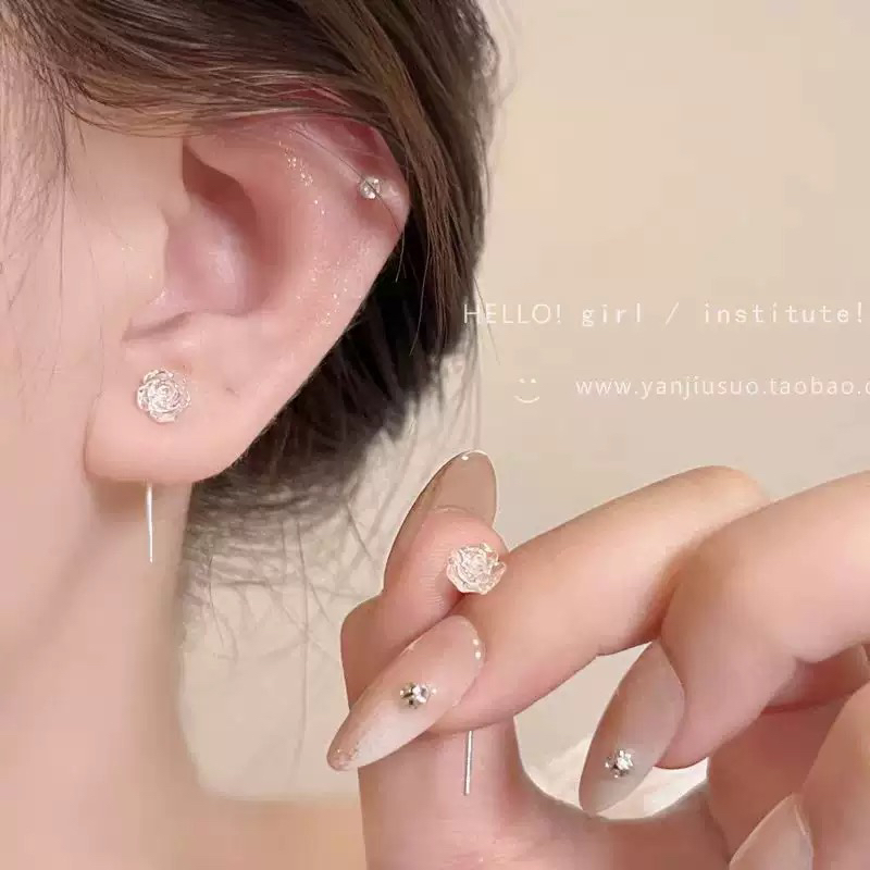 S999足银炫彩玫瑰花耳线女小众设计耳环耳链短款养耳洞耳钉耳饰品