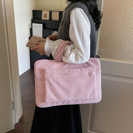 粉色灯芯绒笔记本电脑手提包女大容量15.6寸14寸13.3电脑包托特包